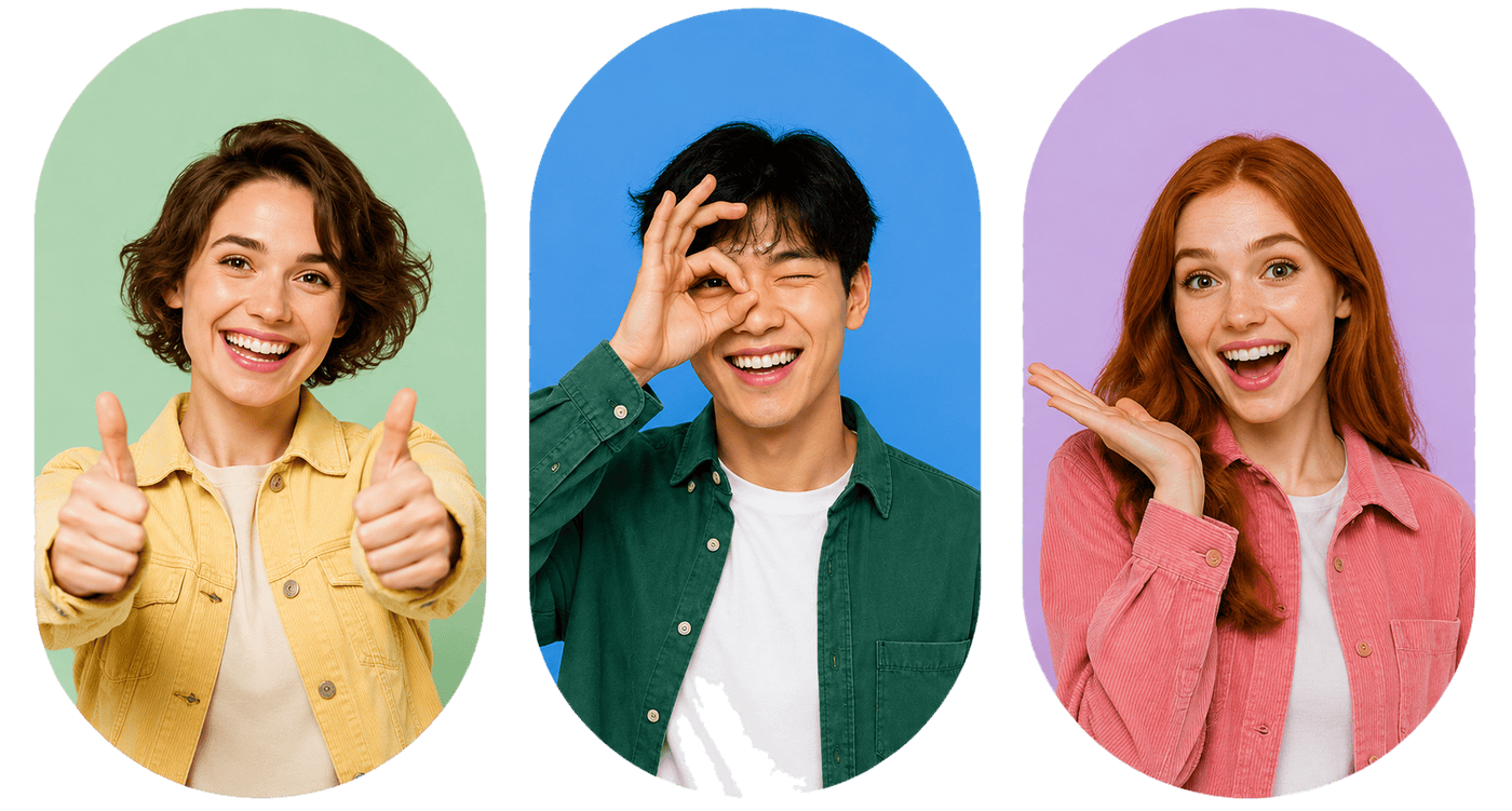 Three colorful oval portraits side-by-side showing diverse, smiling young people gesturing thumbs up, an OK sign, and waving, representing a friendly global community