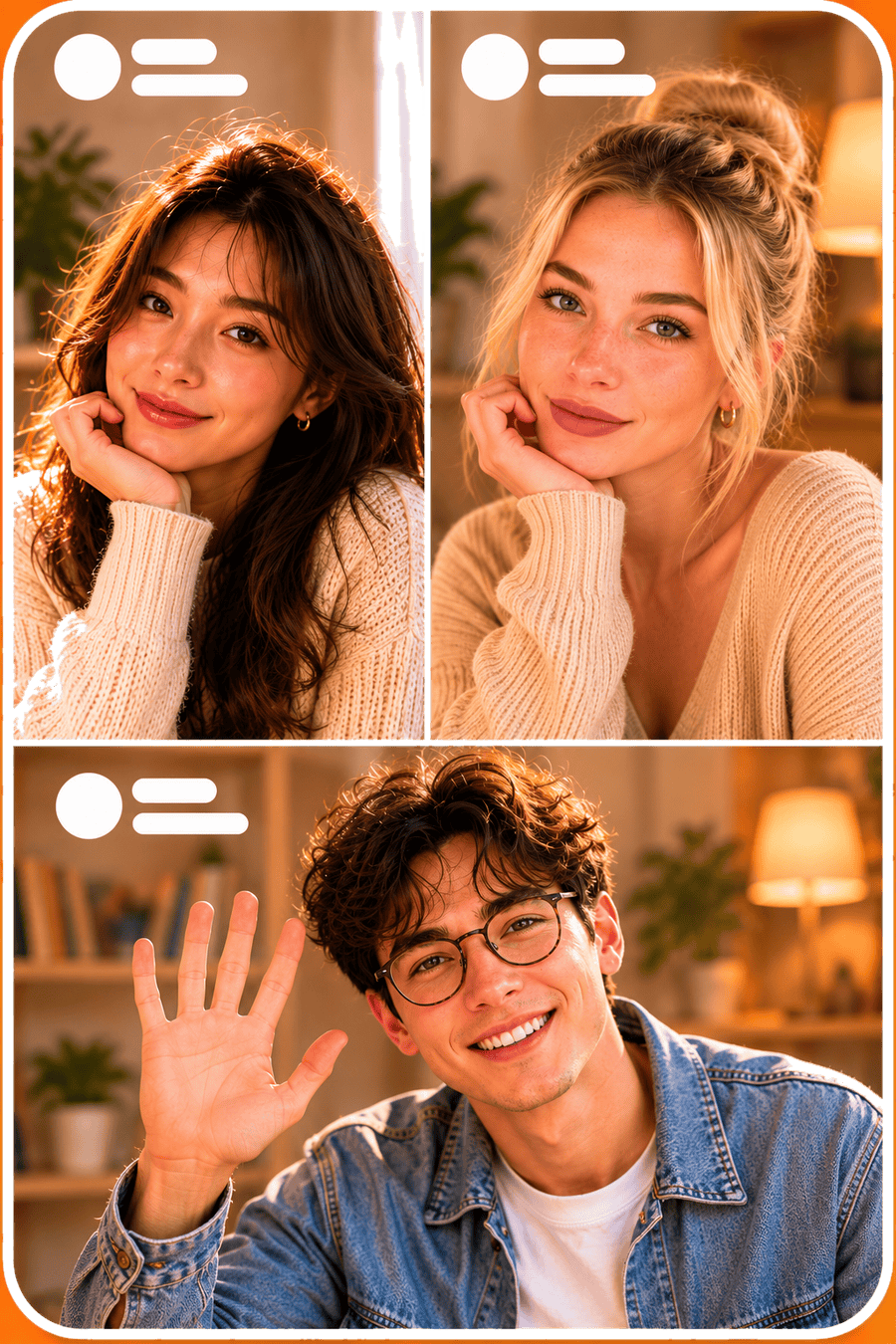 Split-screen layout mockup mimicking a live webcam chat platform with three individuals smiling and waving warmly to create a friendly online video interaction environment