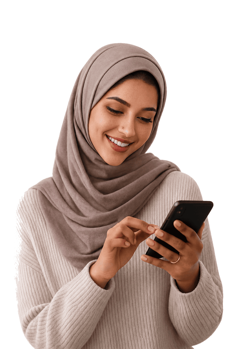 A smiling young woman wearing a hijab looks at her smartphone screen, interacting seamlessly with a social video matchmaking network