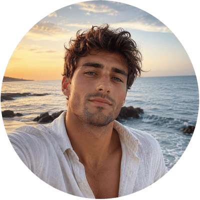 A circular avatar profile photo of a handsome man on a beach at sunset, designed for an interactive online stranger chat platform