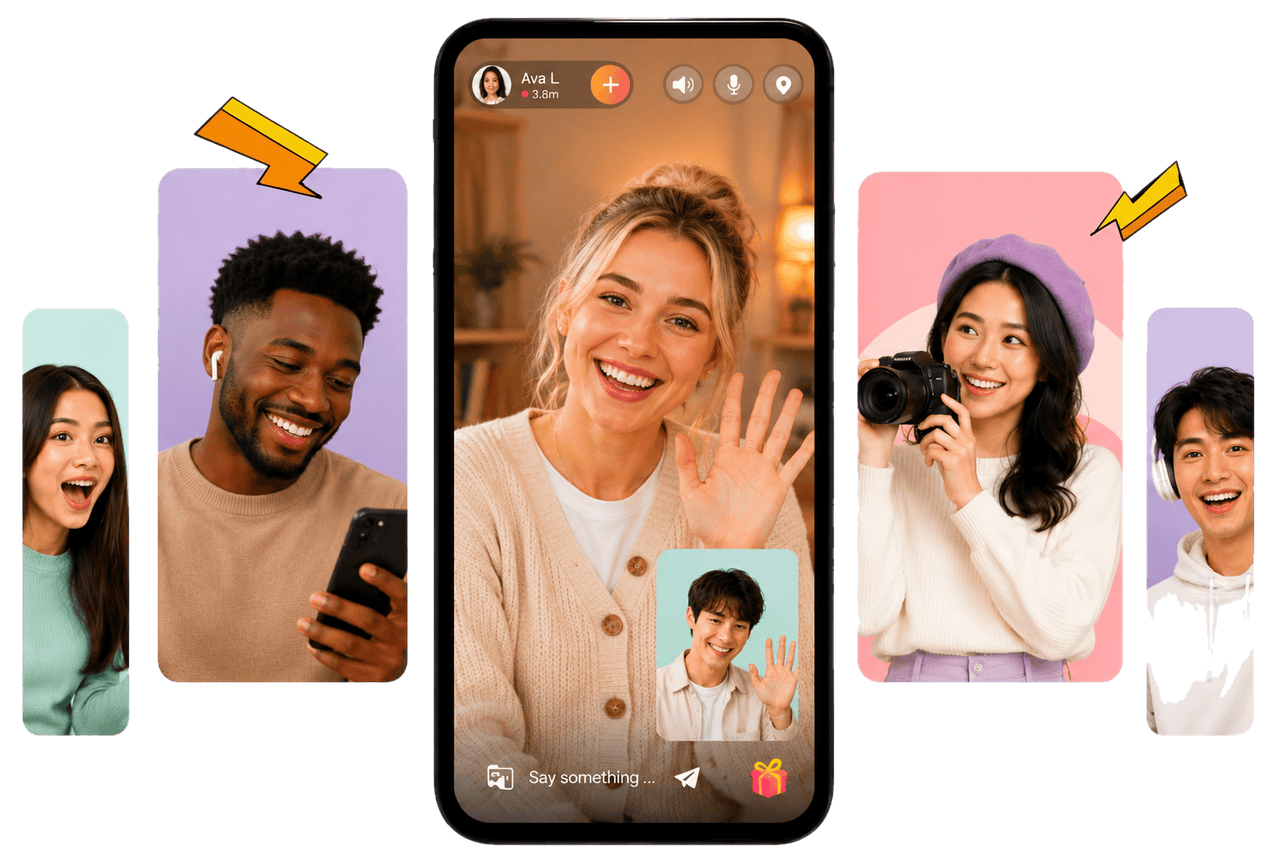A smartphone mockup showcasing the LivCam live 1v1 video chat interface, surrounded by floating profile cards of diverse global users ready to connect instantly