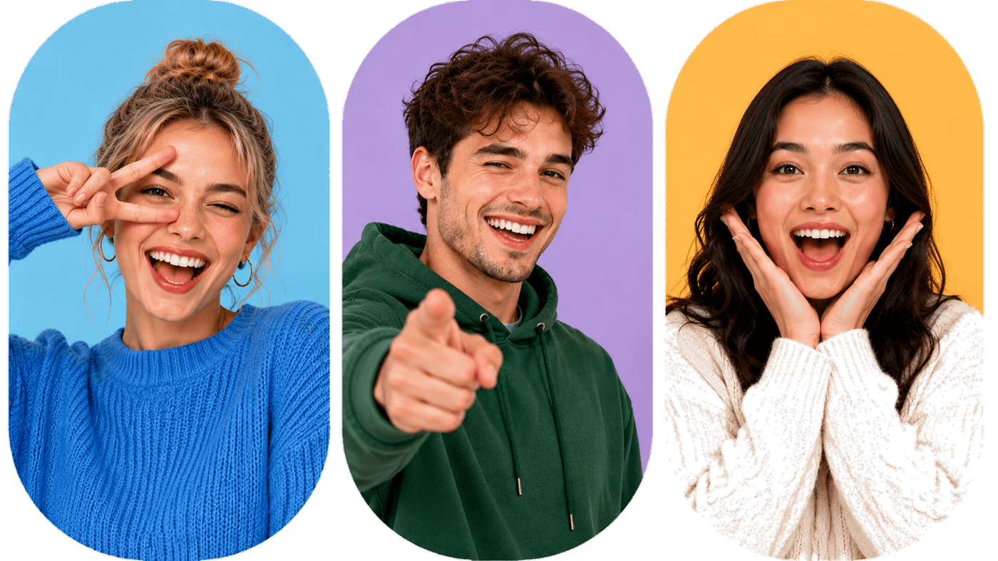 Three cheerful young adults posing with fun expressions, representing Livcam's diverse social community