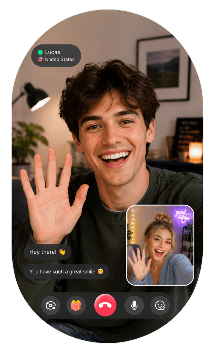 Livcam live video chat interface mockup featuring American user Lucas talking to a girl online