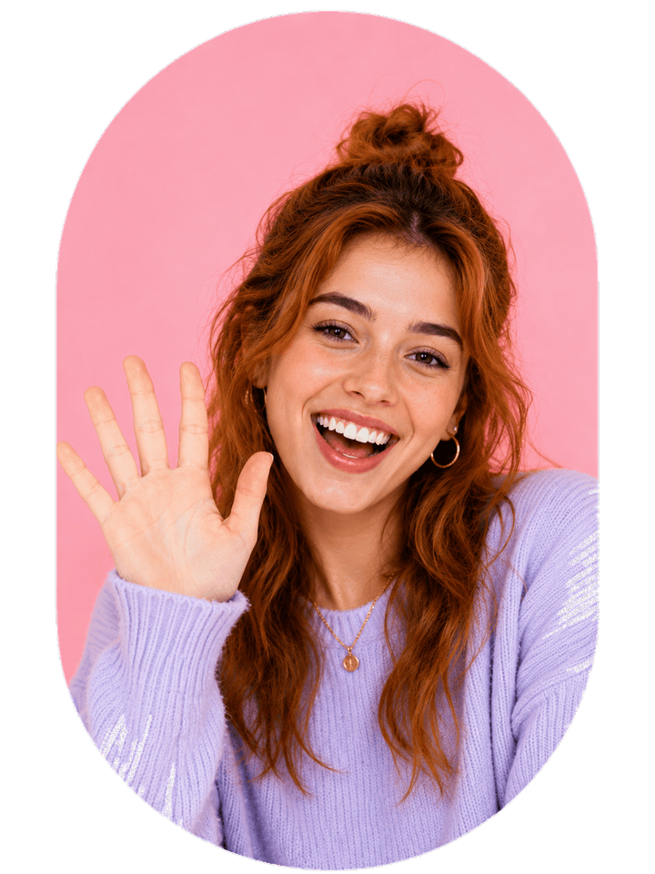 Smiling young redhead woman waving at the camera, Livcam online video match profile photo