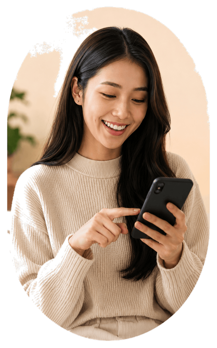 Smiling young Asian woman scrolling on her smartphone, using Livcam social networking app
