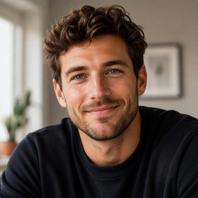 Handsome young man with curly hair smiling at the camera, Livcam video chat user profile example