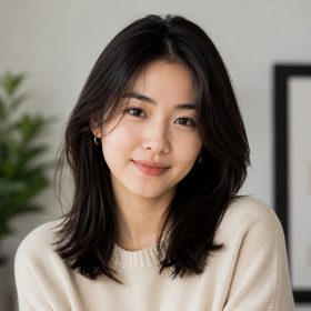 Beautiful young Asian woman smiling directly at the camera, Livcam social media profile headshot
