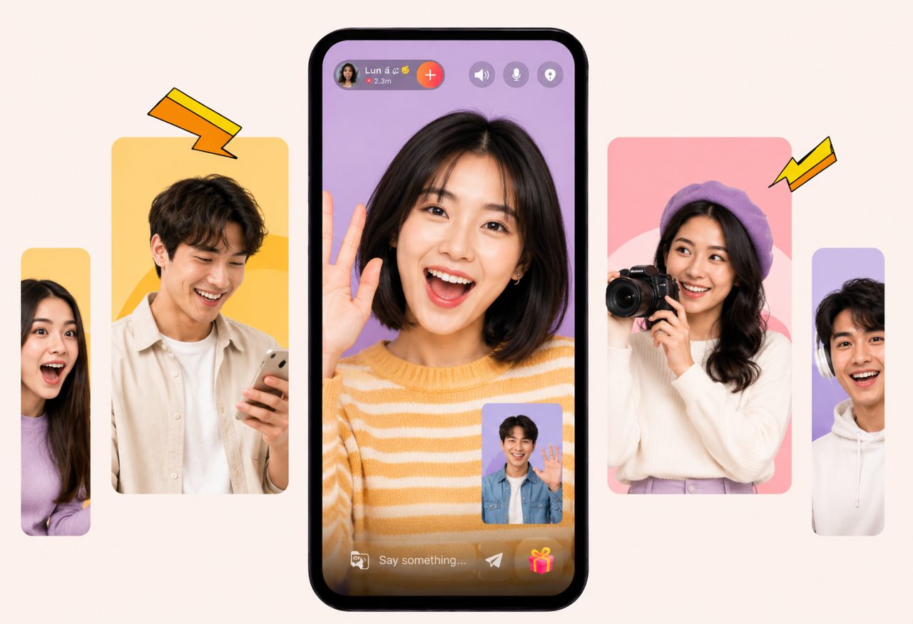 Smartphone screen displaying Livcam video calling feature, surrounded by profile cards of young users