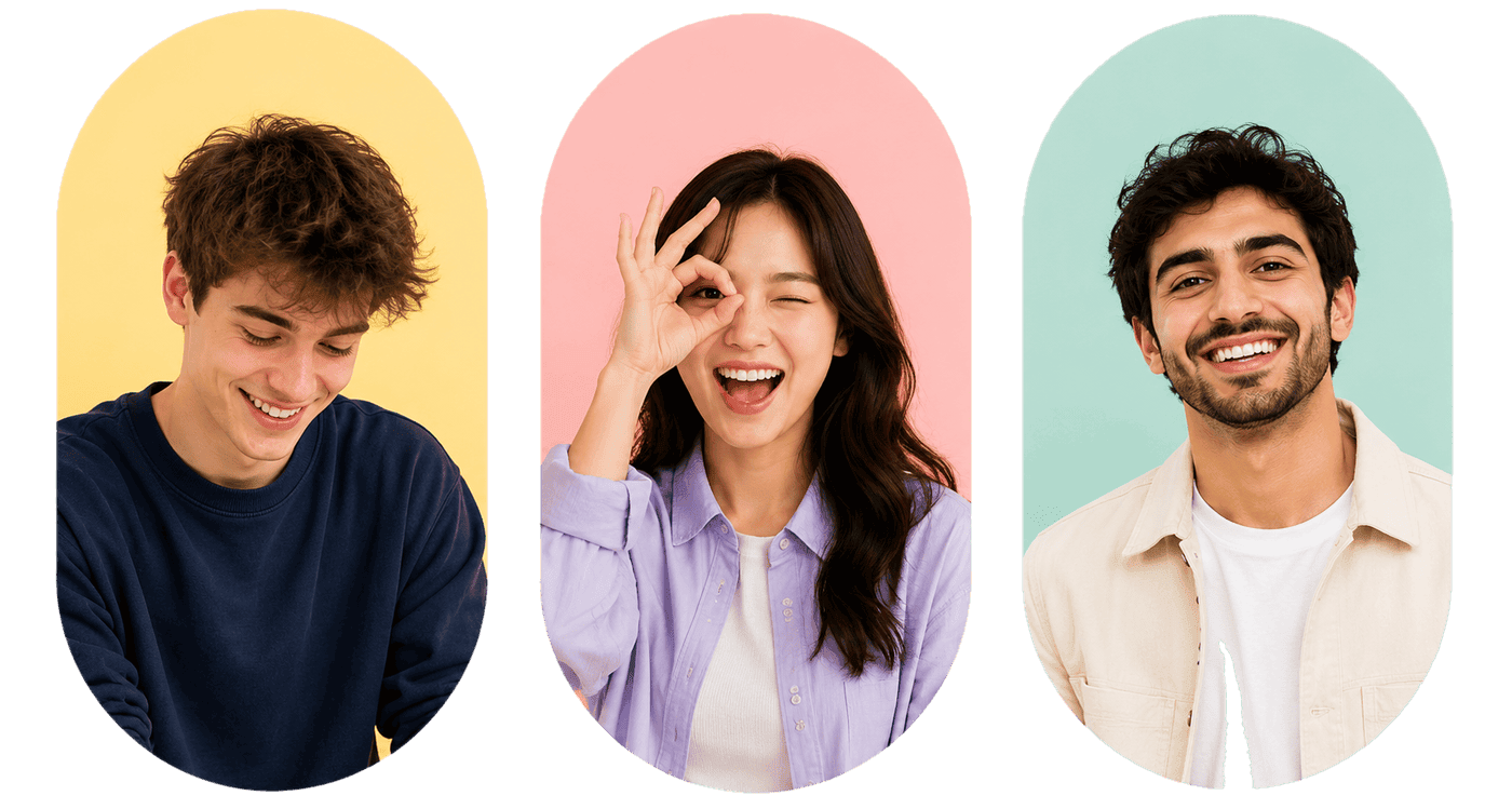 Three colorful oval portraits side-by-side displaying cheerful young individuals smiling, laughing, and gesturing an OK sign, representing a welcoming and friendly community on an online video chat platform