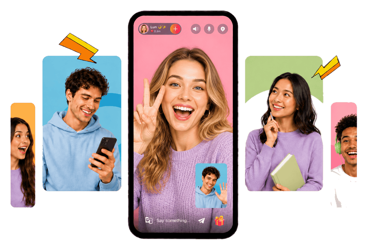 A smartphone mockup displaying the LivCam live 1v1 video call interface, flanked by colorful profile cards of energetic global users ready to connect instantly