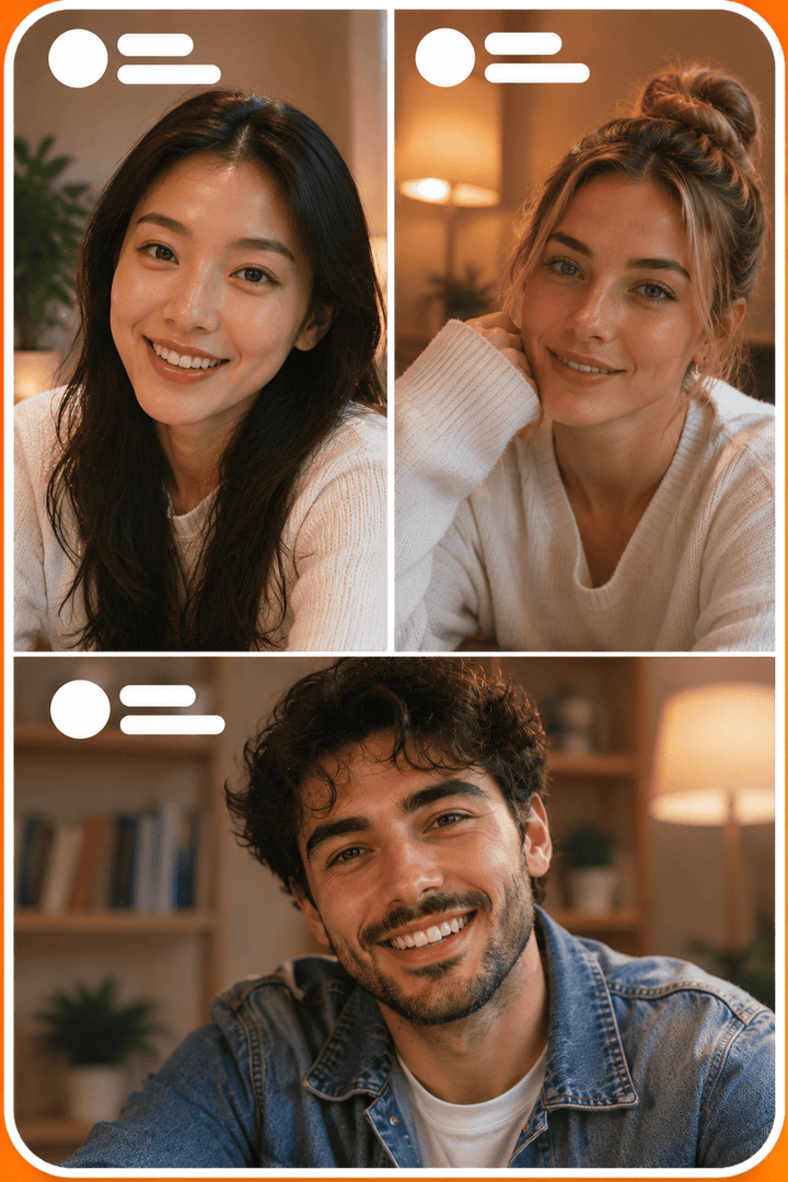 A split-screen layout concept for a group video chat community, featuring three smiling young individuals connecting online in a warm, welcoming virtual alternative platform
