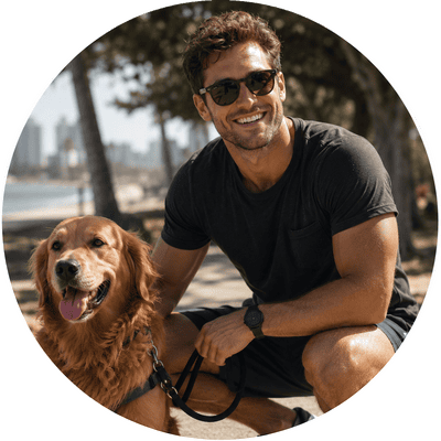 A circular user testimonial profile photo showing a smiling man with sunglasses crouching next to his golden retriever dog on a sunny day, representing an authentic app user