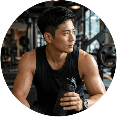 A circular profile photo of a muscular Asian man holding a water bottle at the gym, perfect as a lifestyle avatar for a stranger chat network