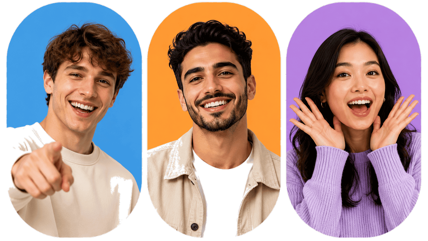 Three cheerful young adults smiling and gesturing happily, highlighting Livcam's diverse global social community