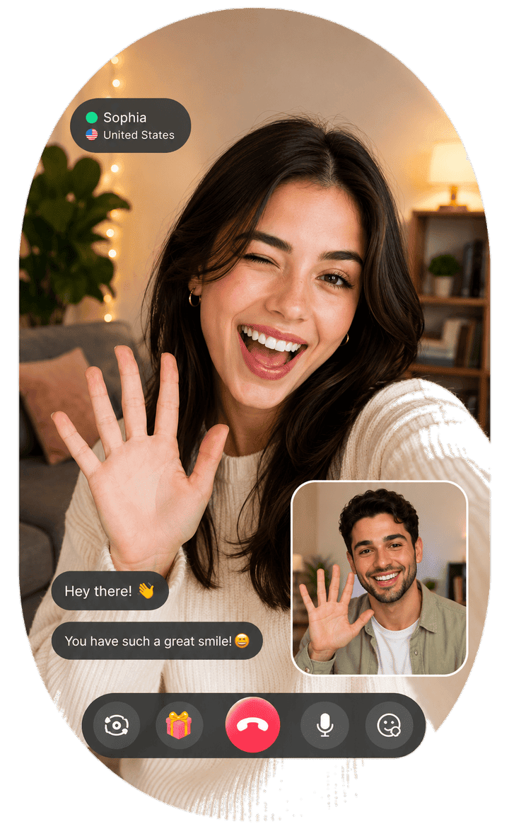 Livcam live video chat interface mockup featuring a smiling woman from the United States waving online