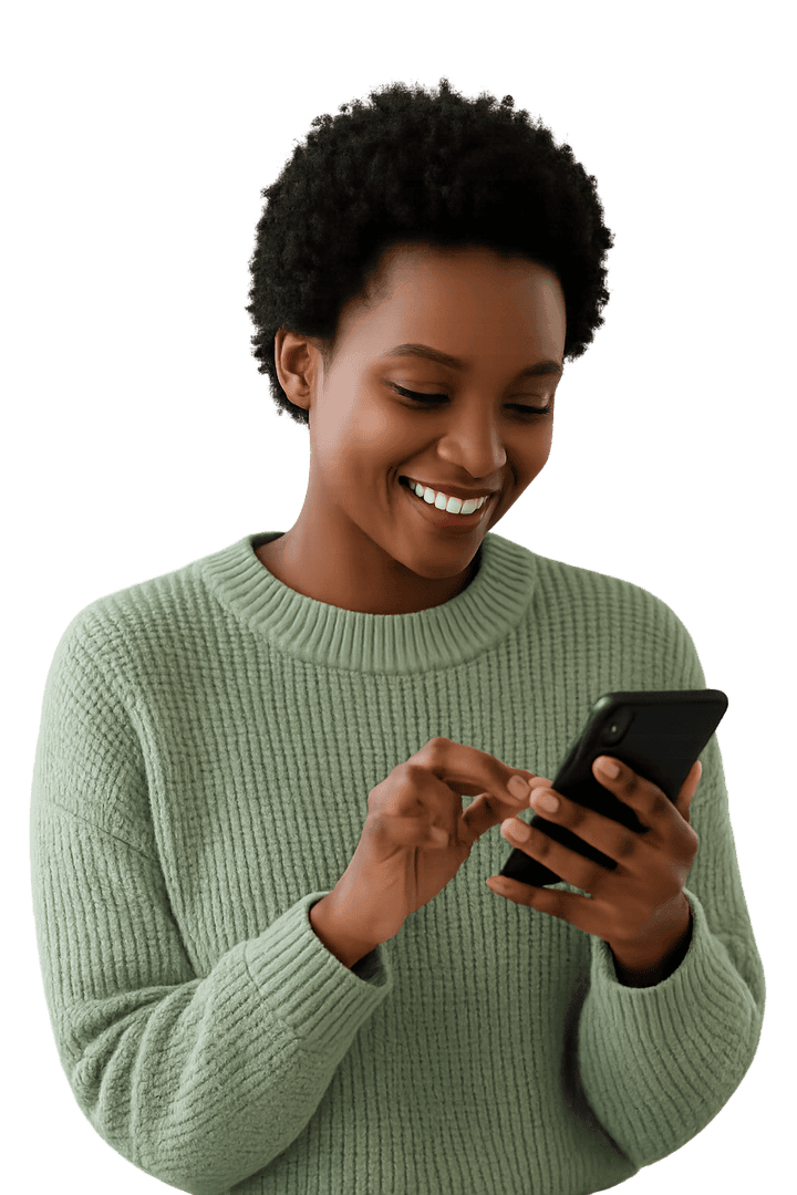 Smiling young Black woman browsing on her smartphone, using Livcam dating app to connect with friends