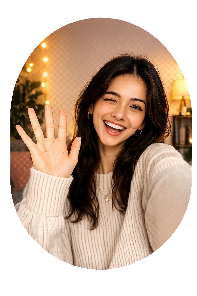 Happy young woman waving and winking at the camera during a Livcam video matching session