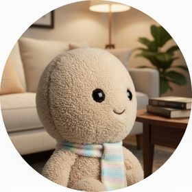 Cute plush toy wearing a striped scarf in a cozy living room, Livcam platform mascot concept