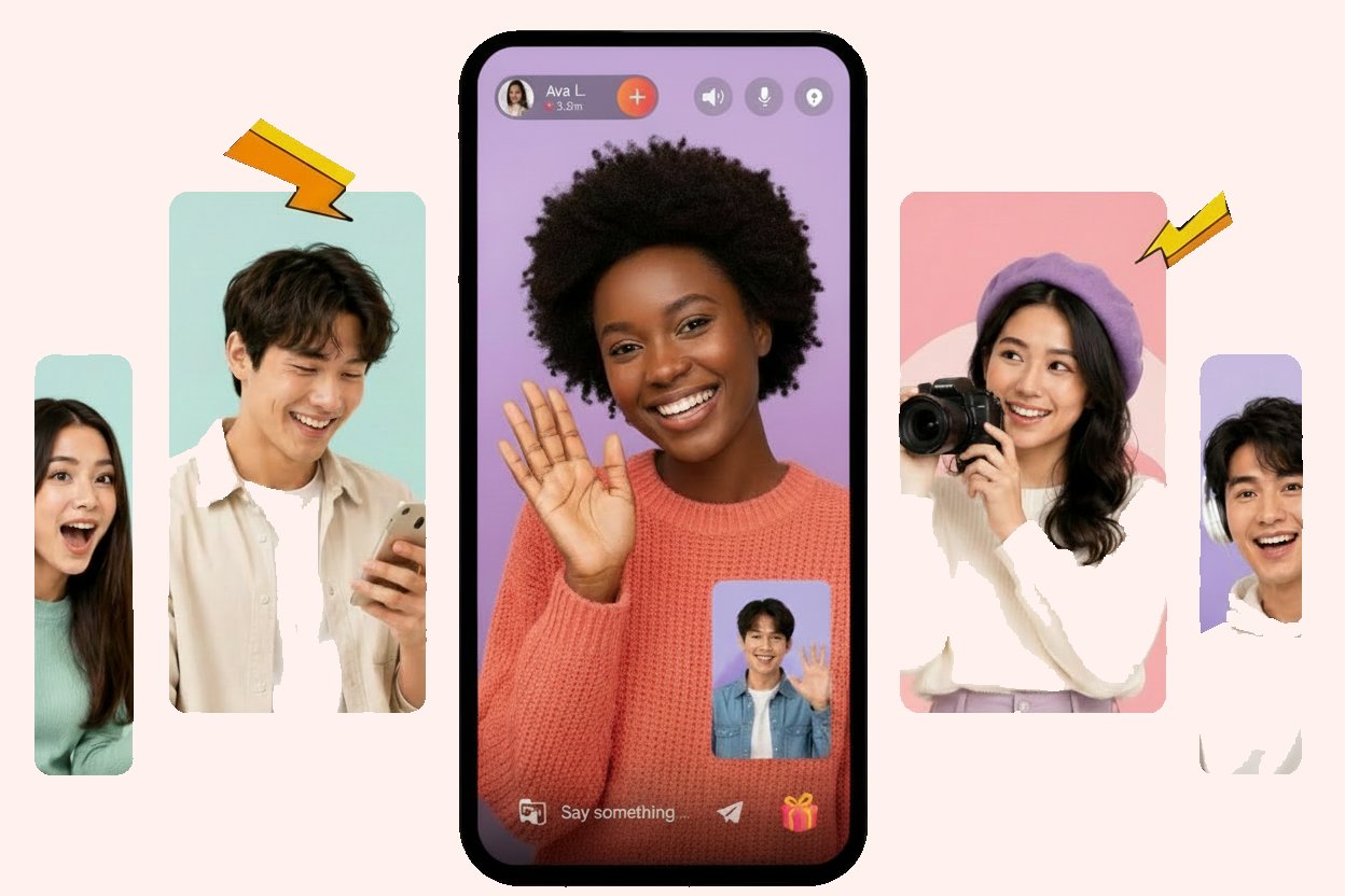 Smartphone display showcasing Livcam video call interface with diverse user profiles interacting online