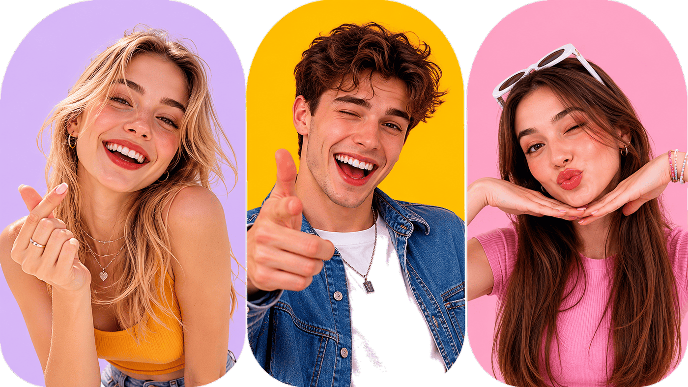 Three cheerful young adults smiling during random video chat conversations on LivCam, the best Monkey alternative for meeting new people online